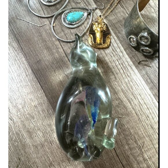 Fenton Stylized Art Glass Cat Figurine 5" Handcrafted Siamese With Colorful Swir - Picture 5 of 5